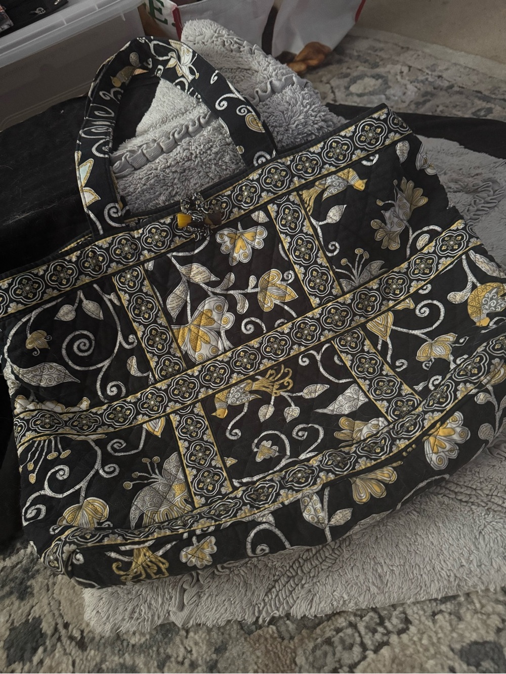 Vera Bradley Black Quilted Floral Tote with Yellow and Cream Accents